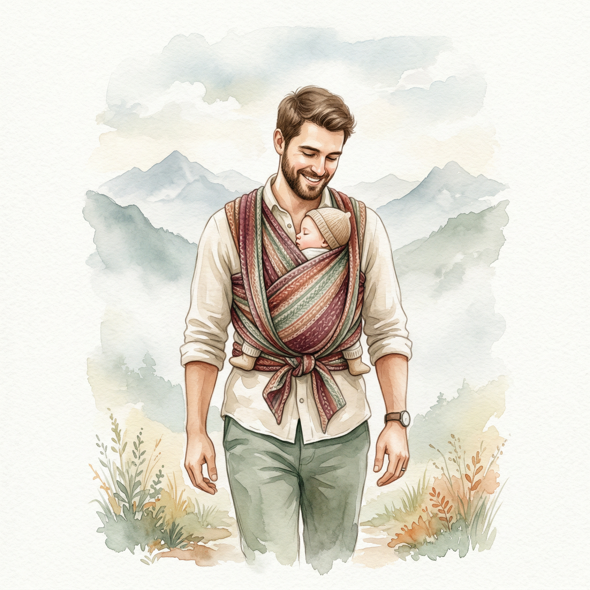 Portage bébé en écharpe avec montagnes